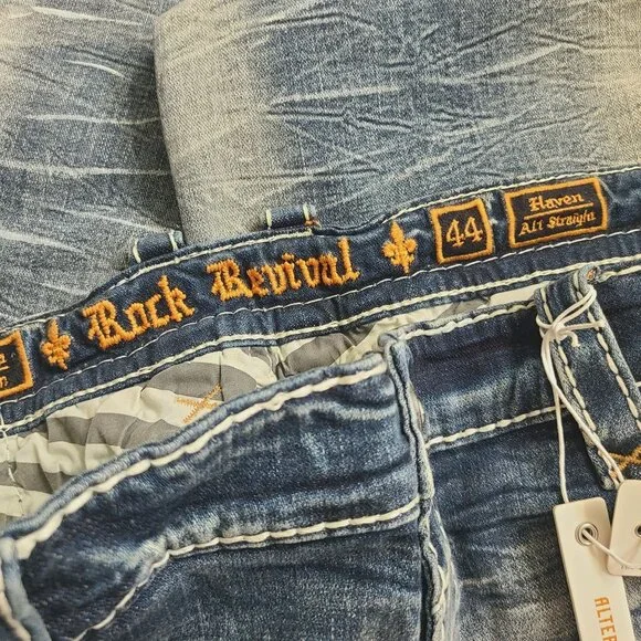 Rock Revival Haven Alt Straight Distressed Denim Jeans 44x32 Blue #1